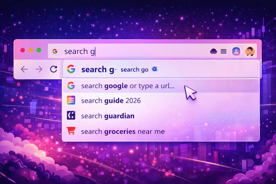 A browser address bar showing live autocomplete suggestions as a user types