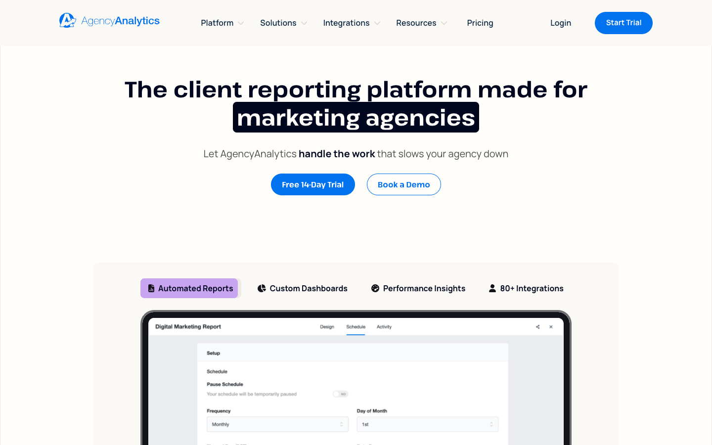 AgencyAnalytics homepage - client reporting platform for marketing agencies with white-label dashboards