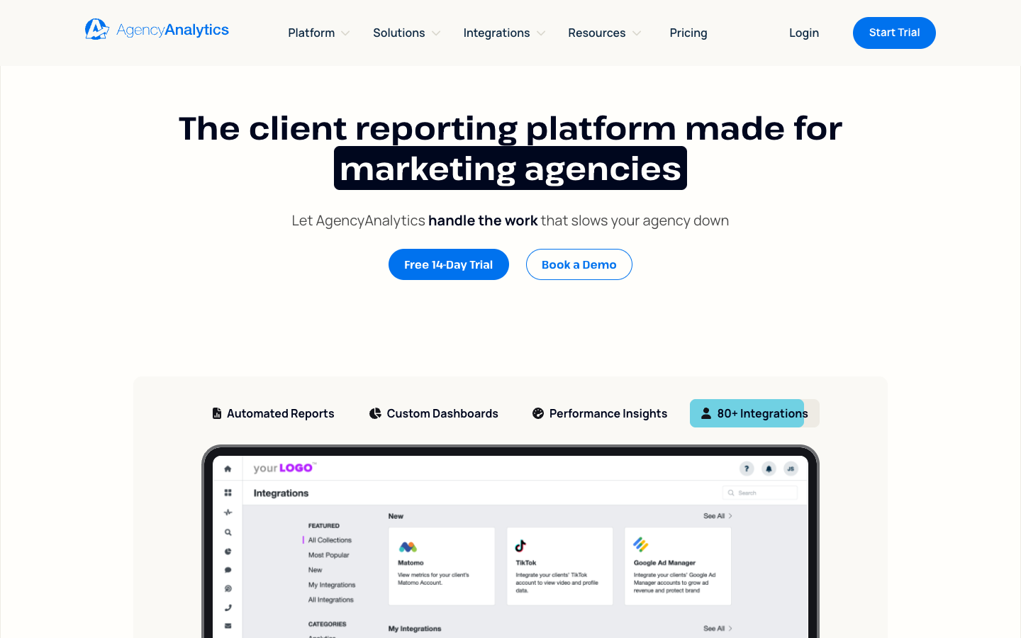 AgencyAnalytics homepage - white label reporting platform with 80+ integrations