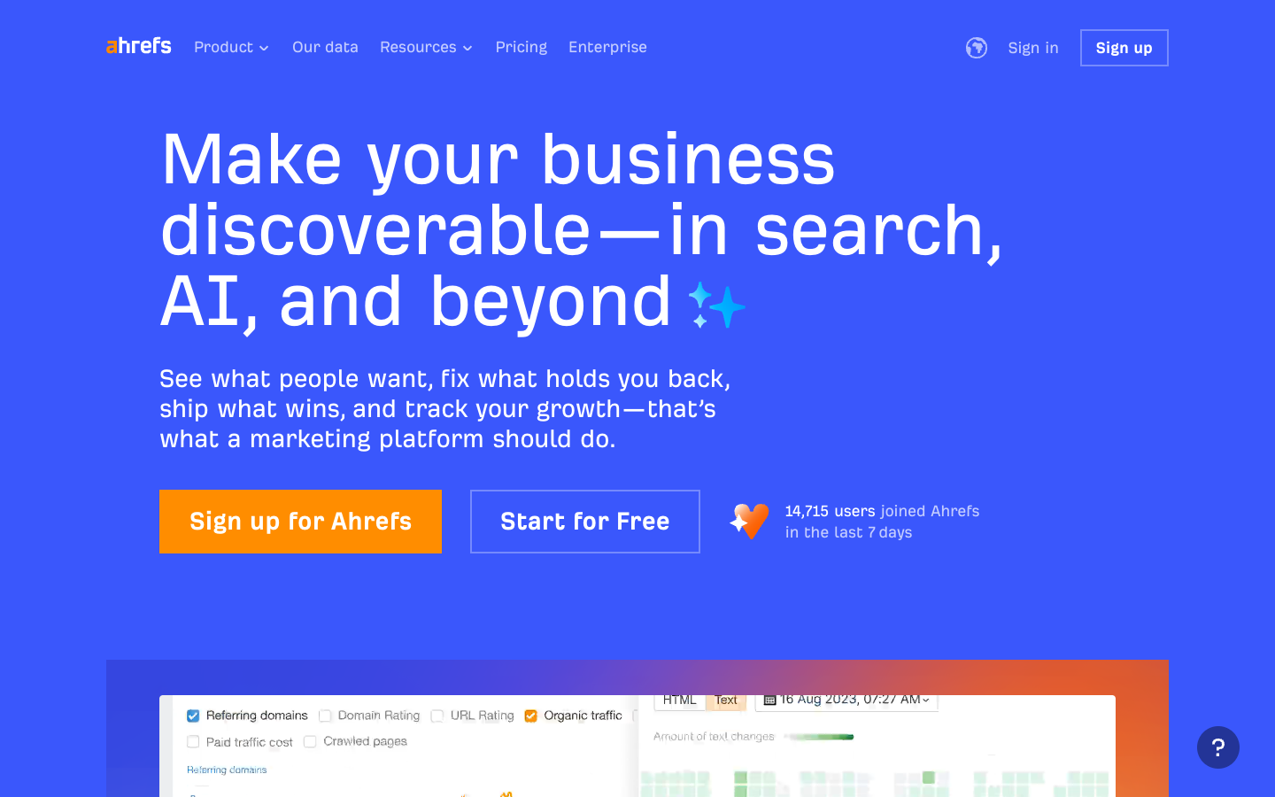 Ahrefs SEO software homepage - industry-leading backlink analysis and keyword research tool