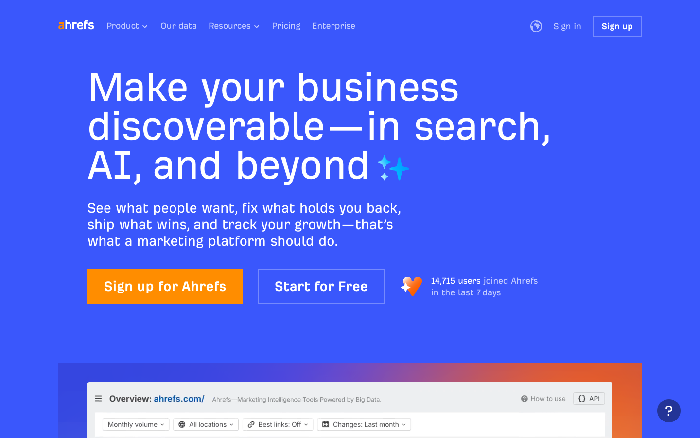 Ahrefs homepage - industry-leading backlink analysis tool