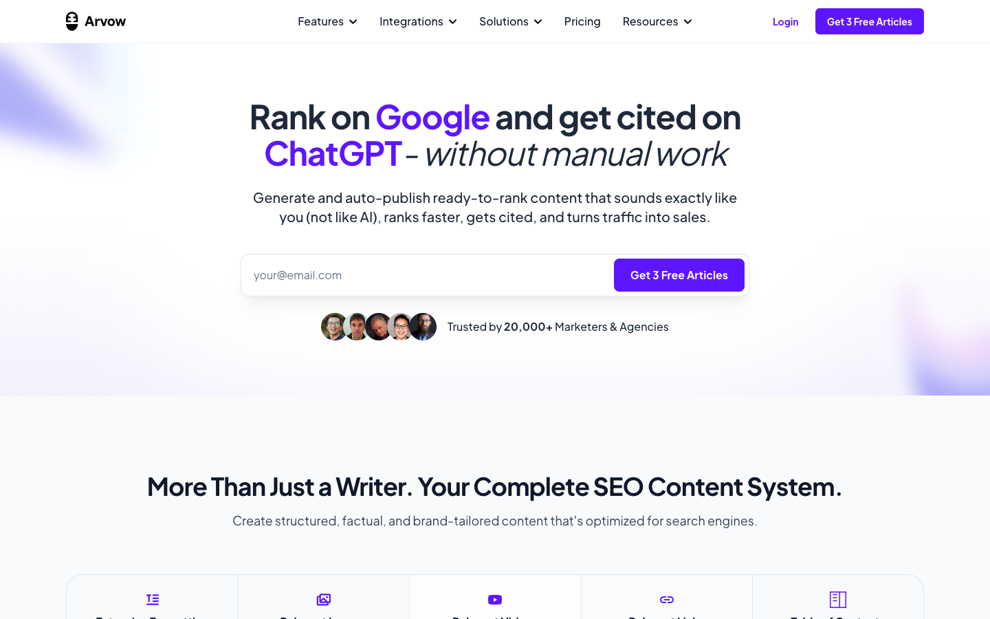 Arvow homepage - AI-powered white label content generation platform