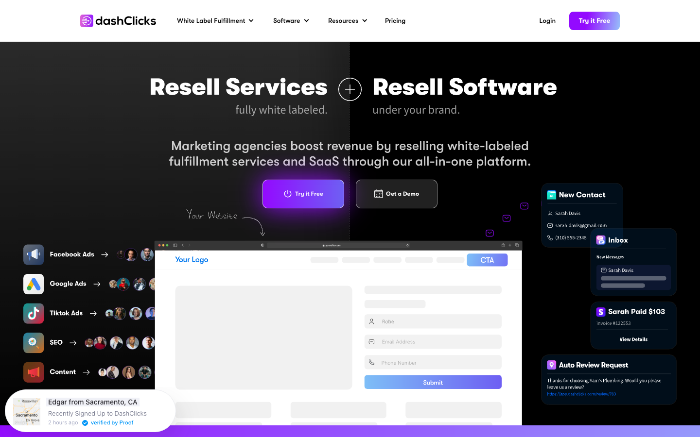 DashClicks homepage - agency dashboard with SEO fulfillment services
