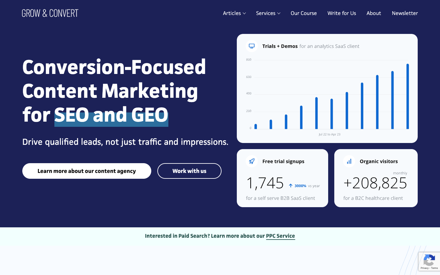 Grow and Convert homepage showing conversion-focused content marketing