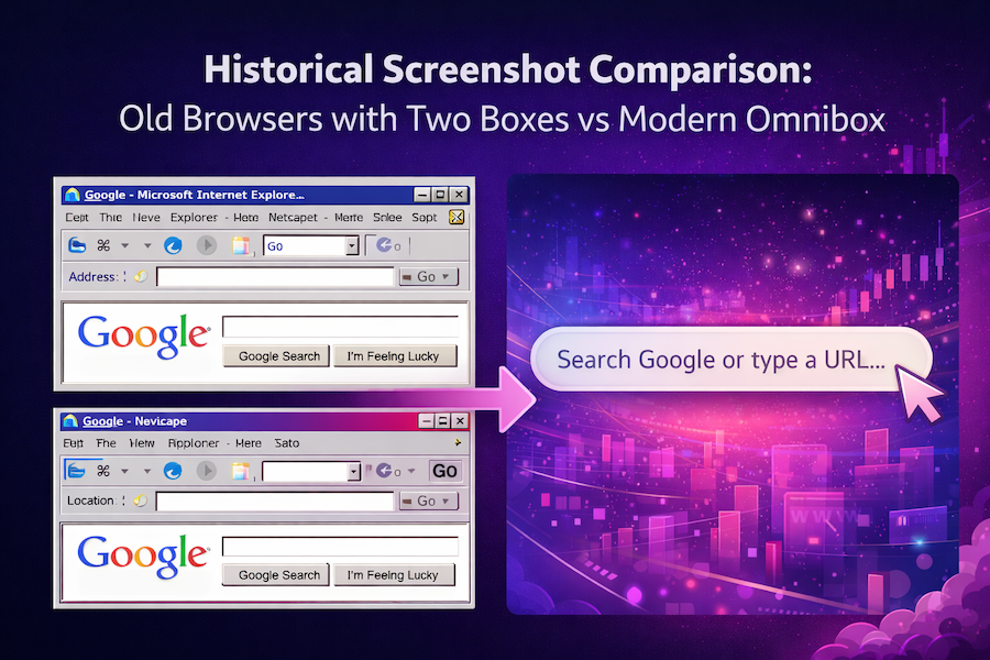 Historical screenshot comparison: old browsers with two boxes vs modern omnibox