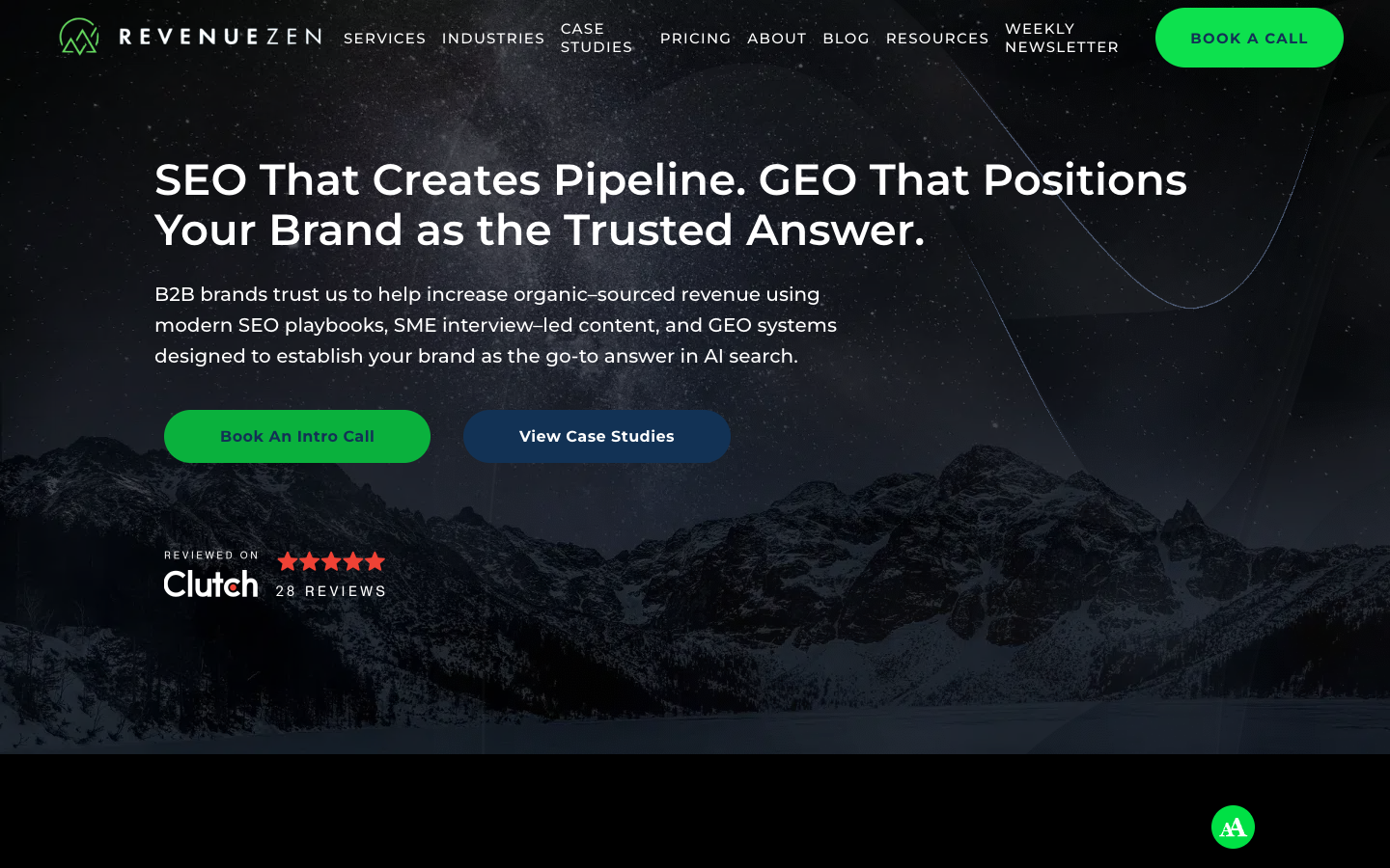RevenueZen homepage showing GEO focused B2B SEO services