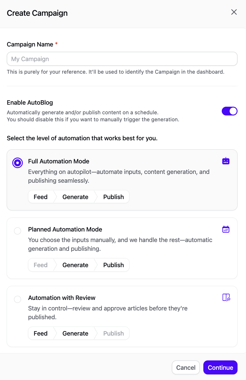 Arvow's AI Autoblogging Modes