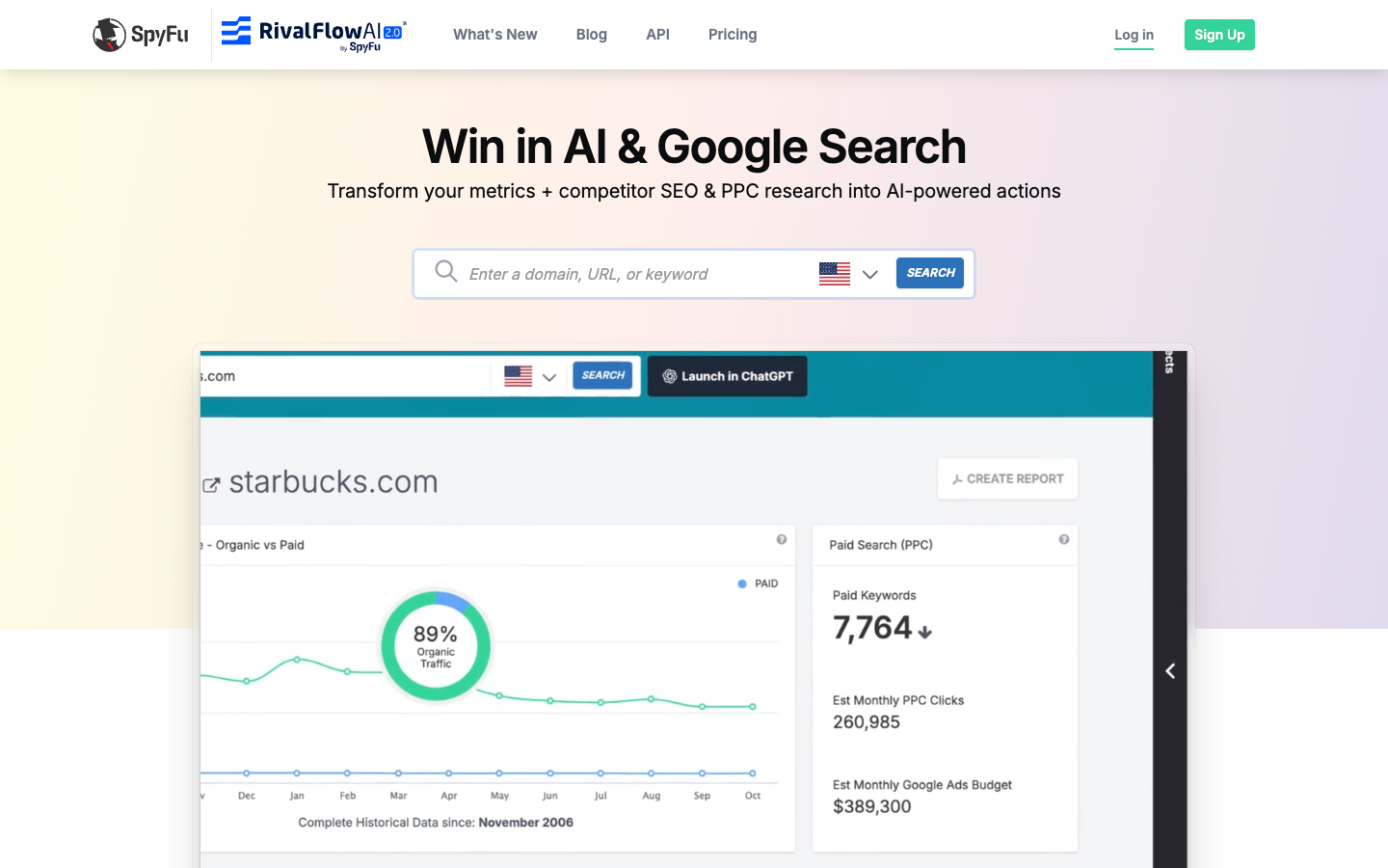 SpyFu homepage - competitor keyword research and analysis tool