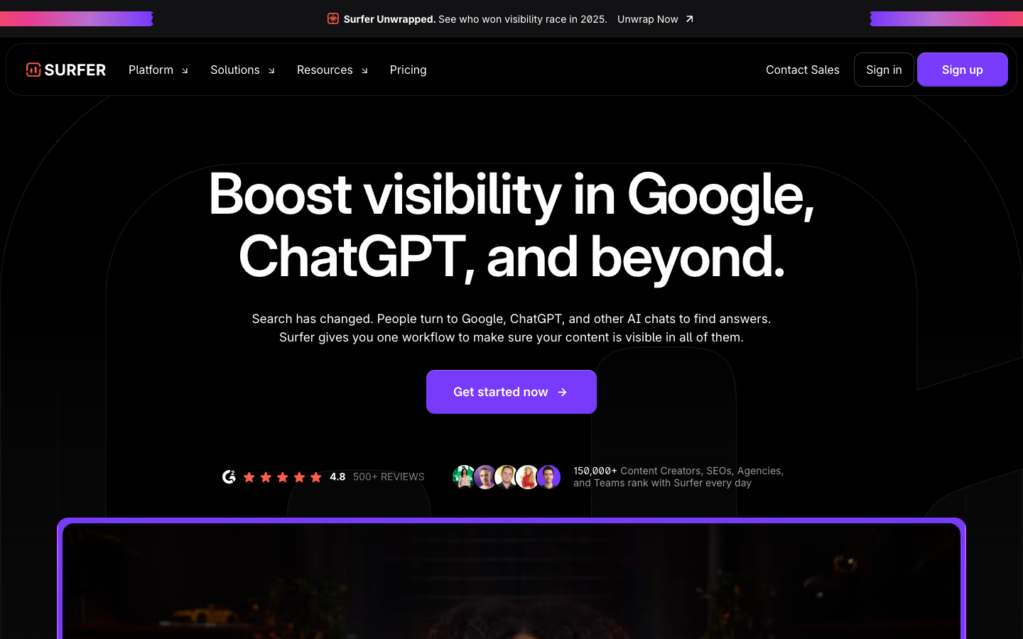 Surfer SEO homepage - content optimization and on-page SEO analysis software