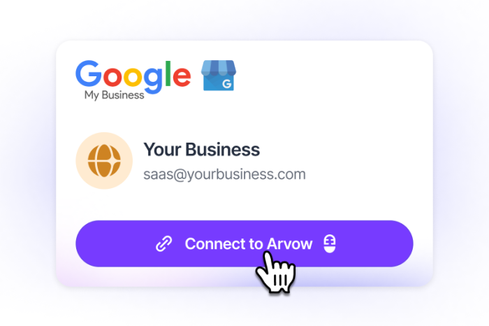 UI screenshot mockup: a centered modal titled "Connect your Google Business Profile" with the Google logo, a large primary blue button labeled "Continue with Google", and a small caption below saying "We'll auto-detect every location you manage". Light gray page background, soft shadow on the modal, sans-serif typography, purple accent color.
