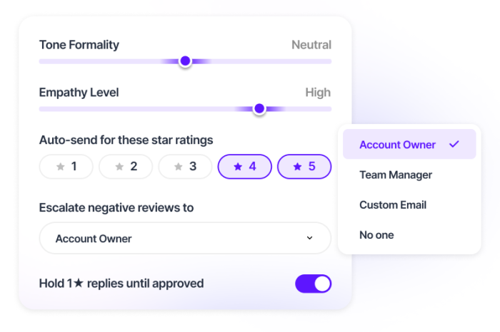 UI screenshot mockup: a settings panel titled "Tone & escalation rules". Includes a horizontal slider labeled "Tone of voice" with handles between Casual and Professional, a rules checklist ("Auto-send 4-5 star replies", "Hold 1-3 star reviews for approval", "Notify me for 1-star"), and a brand glossary input chip field with example phrases. Light theme, purple primary buttons, clean sans-serif type.