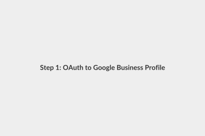 UI screenshot mockup: a centered modal titled "Connect your Google Business Profile" with the Google logo, a large primary blue button labeled "Continue with Google", and a small caption below saying "We'll auto-detect every location you manage". Light gray page background, soft shadow on the modal, sans-serif typography, purple accent color.
