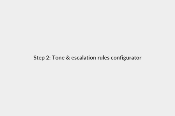 UI screenshot mockup: a settings panel titled "Tone & escalation rules". Includes a horizontal slider labeled "Tone of voice" with handles between Casual and Professional, a rules checklist ("Auto-send 4-5 star replies", "Hold 1-3 star reviews for approval", "Notify on Slack for 1-star"), and a brand glossary input chip field with example phrases. Light theme, purple primary buttons, clean sans-serif type.