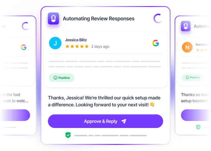 Hand-drawn editorial illustration showing a calm, automated review workflow: a single laptop in the center with a friendly AI bot icon emerging from the screen dispatching personalized reply cards on a conveyor belt, each marked with a green checkmark. Google review cards line up neatly to be processed. Cool teal and emerald-green palette, clean sketchy line work, balanced composition to convey clarity and control.
