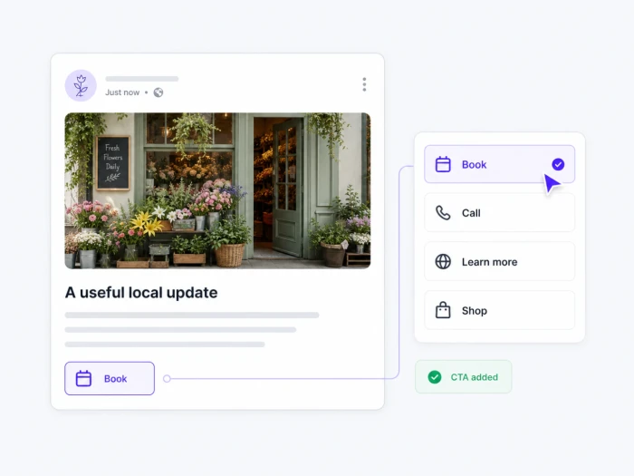 Google Business Profile post preview with an original AI image and customer action options.