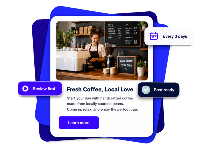 Arvow GBP Posts dashboard with a ready post, publishing mode controls, and a recurring schedule.