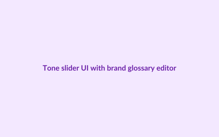 UI screenshot mockup of a "Tone of voice" configuration panel: two horizontal sliders ("Casual ↔ Professional" and "Warm ↔ Neutral") with current positions marked, a live preview card showing how a sample reply would read at the chosen settings, and a "Test on a real review" secondary button at the bottom. Light theme, purple primary accent, generous spacing.
