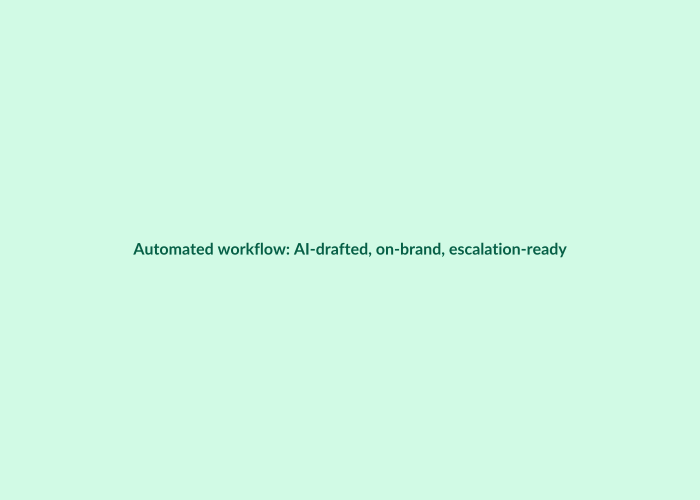 Hand-drawn editorial illustration showing a calm, automated review workflow: a single laptop in the center with a friendly AI bot icon emerging from the screen dispatching personalized reply cards on a conveyor belt, each marked with a green checkmark. Google review cards line up neatly to be processed. Cool teal and emerald-green palette, clean sketchy line work, balanced composition to convey clarity and control.